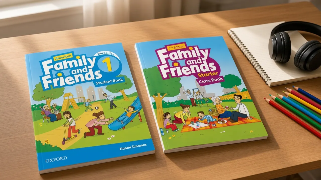 دو کتاب American Family and Friends و Family and Friends روی میز مطالعه