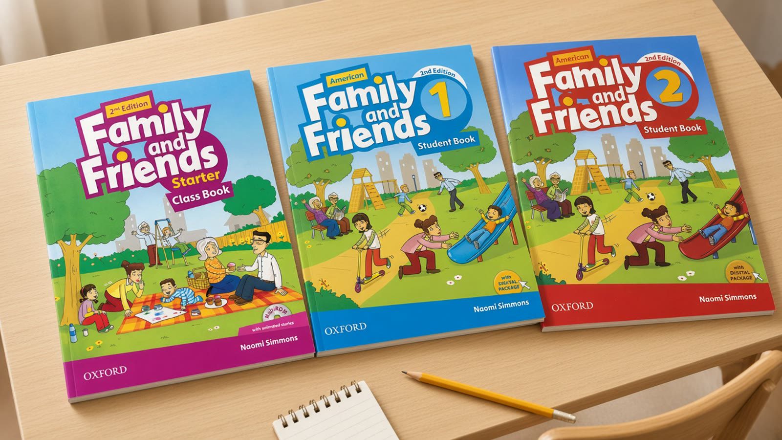 مجموعه کتاب Family and Friends Starter و سطح ۱ و ۲ روی میز