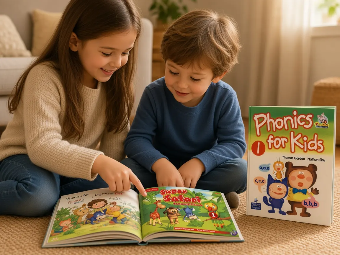 والد و کودک پیش‌دبستانی در حال تمرین کوتاه با کتاب Super Safari و Phonics