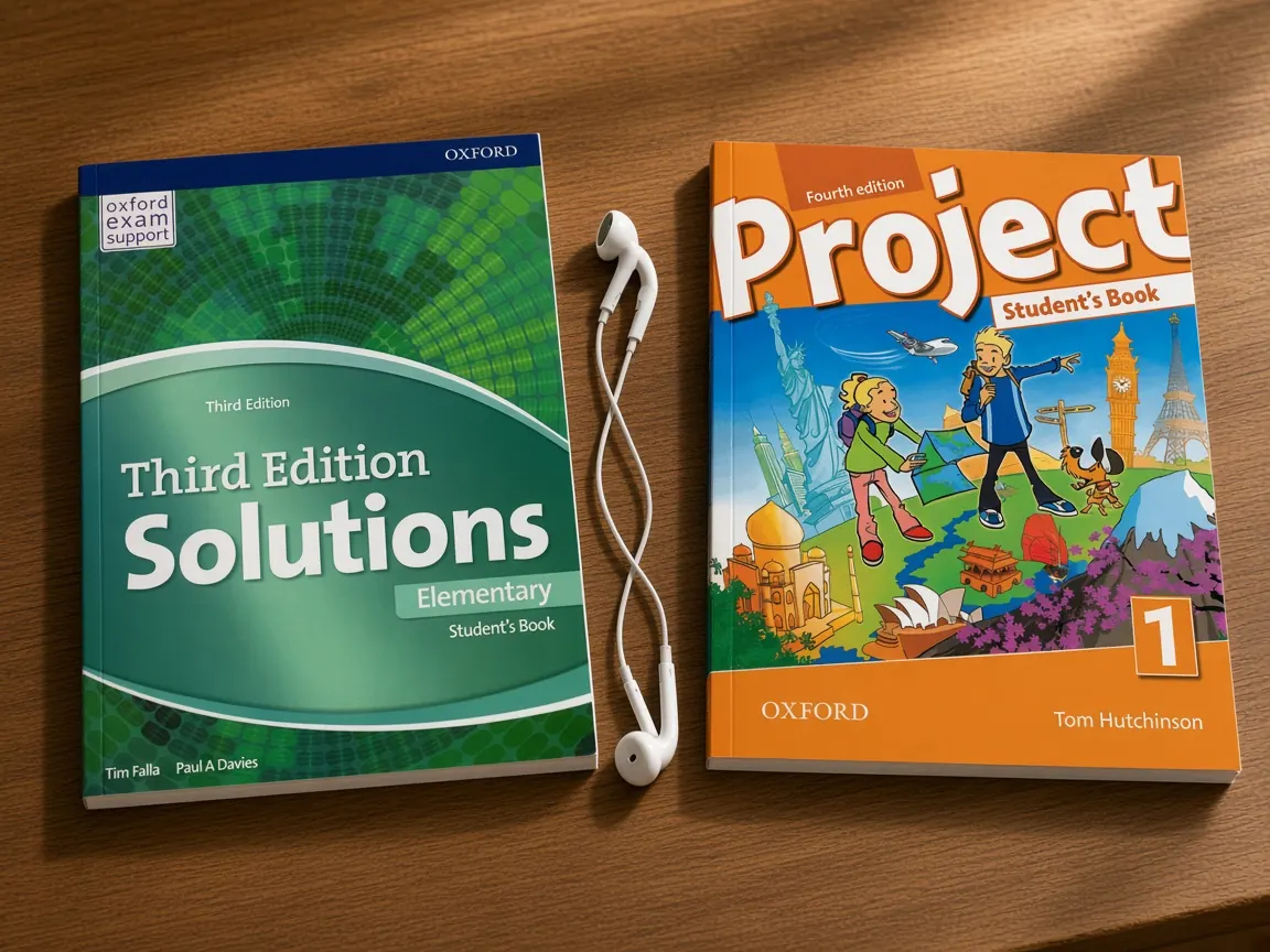مقایسه جلد Solutions Elementary و Project 1 برای انتخاب کتاب نوجوان