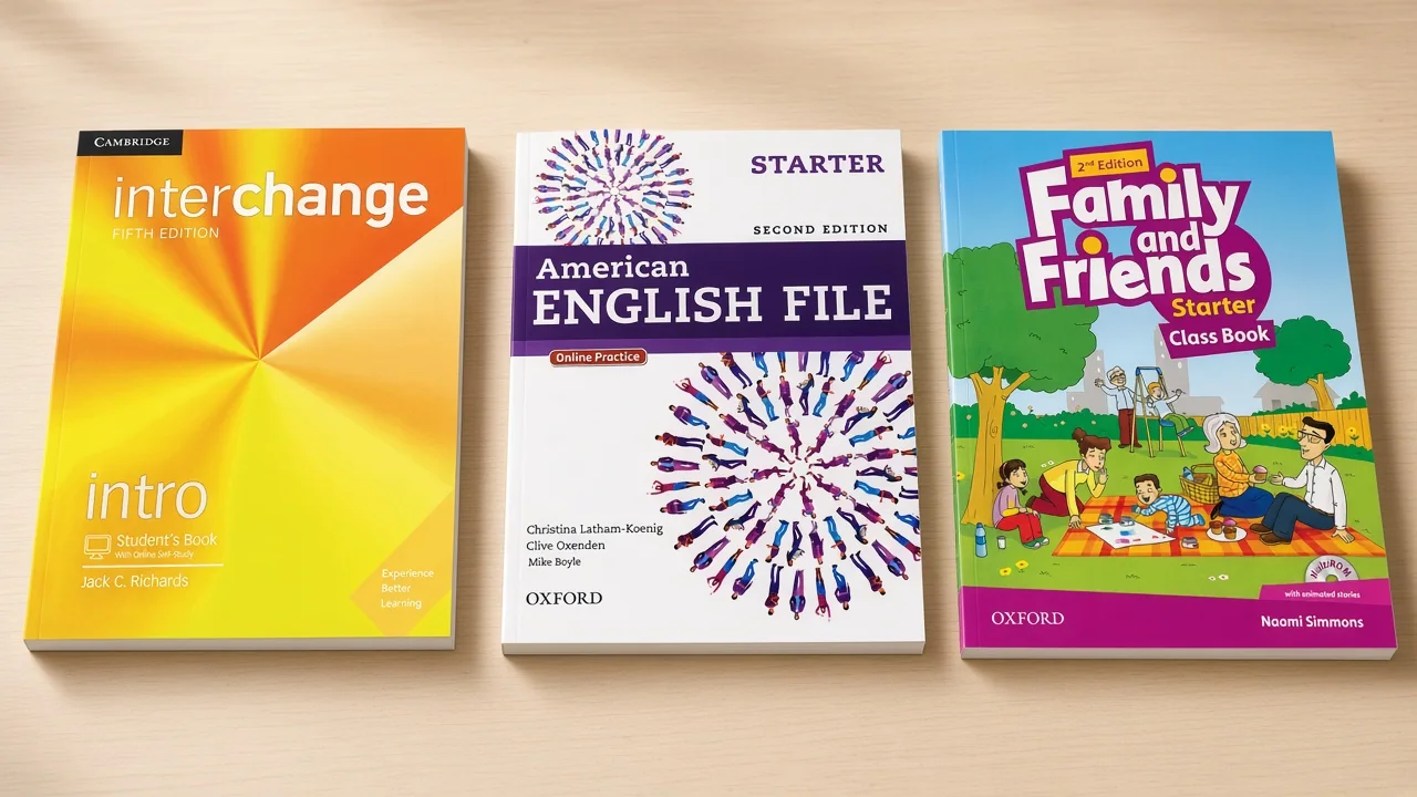 تعیین سطح آموزشگاه با سطح کتاب یکی نیست 2 سه جلد جدا: Interchange Intro ویرایش پنجم، American English File Starter ویرایش دوم، و Family and Friends Starter ویرایش دوم