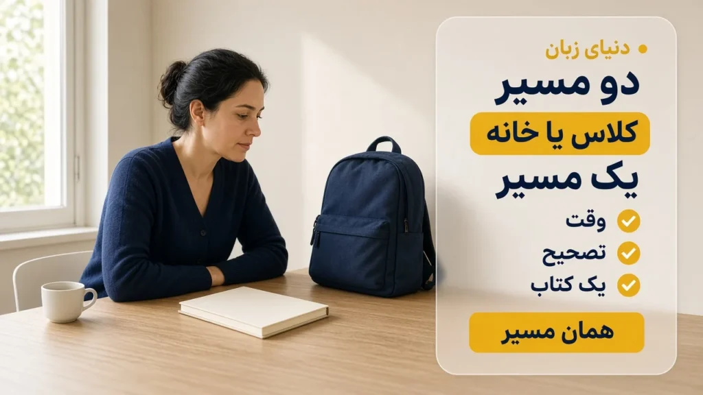 کلاس زبان یا خودآموز، دفتر خانه کنار کوله‌پشتی کلاس، برچسب یک مسیر