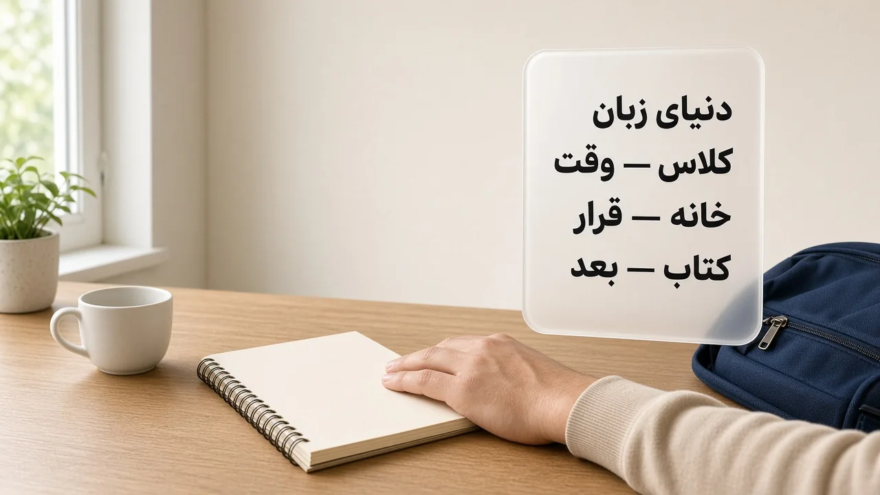 کلاس زبان یا خودآموز، دفتر و کوله، با نوشتهٔ کلاس وقت و کتاب بعد